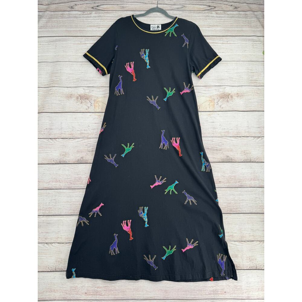 Vintage Copa Cabana Giraffe Print Maxi Dress Womens M Black Gold Made‎ in USA